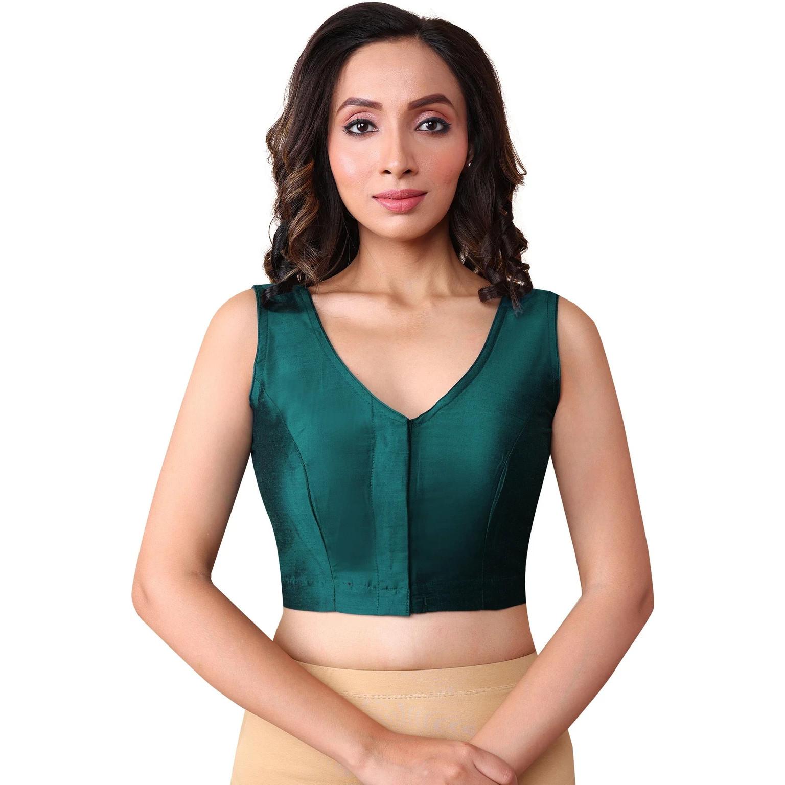 Women Sleeveless Cotton Silk Blouse Indian Bollywood Ethnic V Neck Choli Dress