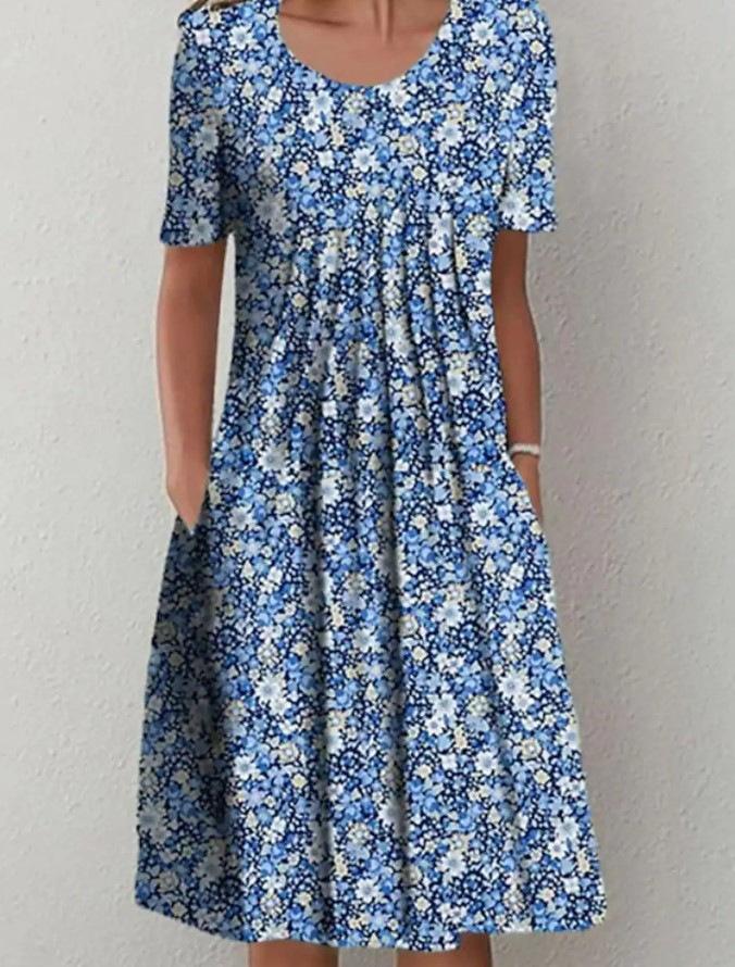 Spring and Summer Floral Print Crew Neck Pullover Medium and Long Dress Women's Clothing