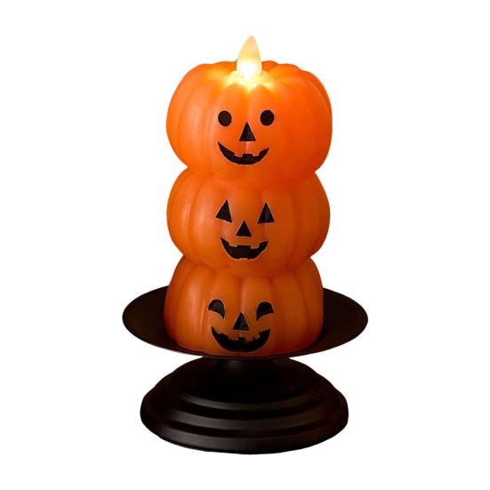 Halloween Flameless Candle Stacked Jack-O'-Lantern LED Candle Light-up Pumpkin Ghost Candle Lamp for Mantel Shelf Dining Table