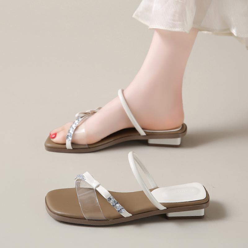 Fashion CRLAYDK Fashion Sandals for Women Flat Dressy Summer Strappy Transparent Slides Casual Walking Rhinestone Square Heel Slippers