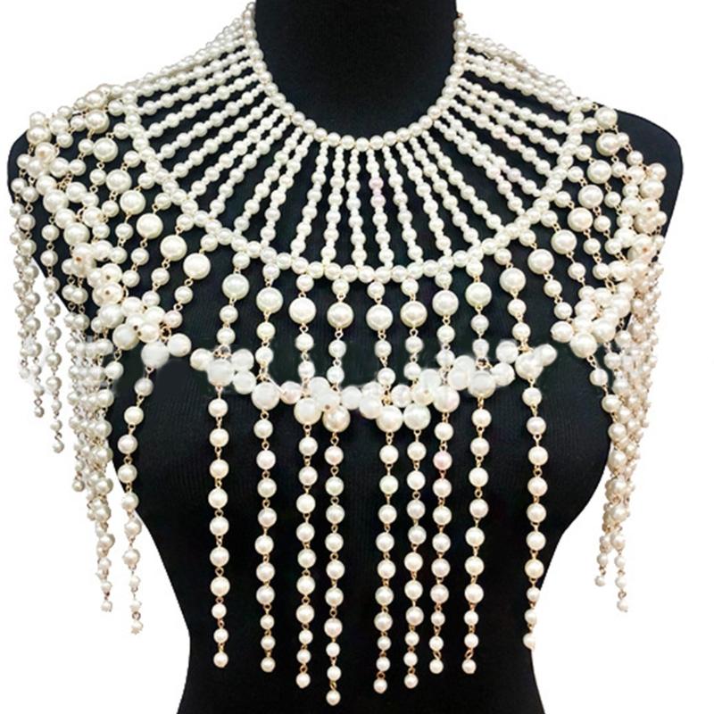 Cadenas Corporales de Perlas para Mujer Moda Tamaño Ajustable Collares de Hombro Tops Sexy Cadena Vestido de Novia Perlas Chal Joyería Corporal