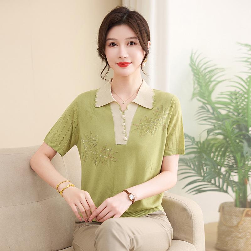 Mom's Summer Tencel Knit Lapel T-Shirt - Stylish Short-Sleeved Top for Women