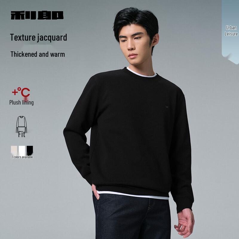 Lilang Men's Fleece-Lined Textured Jacquard Round Neck Long Sleeve T-Shirt