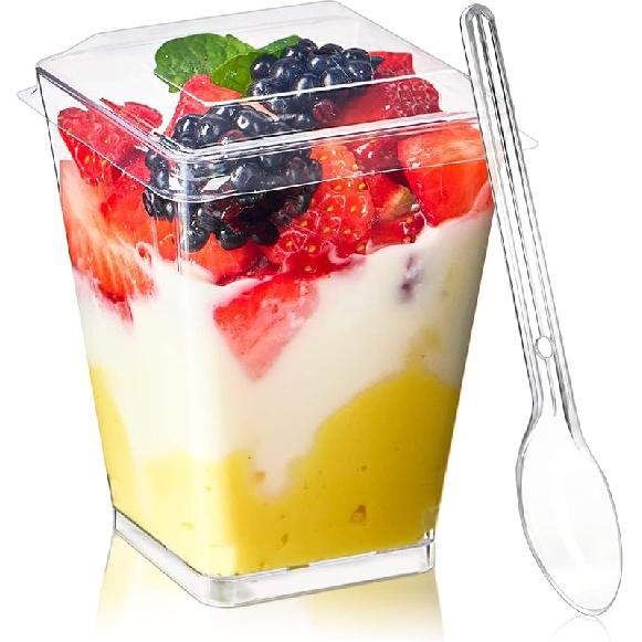 TOFLEN 50 Pack 5 oz Plastic Dessert Cups with Lids for Party, Mini Dessert Cups with Spoons Dessert Shooter Cups for Yogurt Parfait, Appetizer, 25 cups + 25 lids + 25 sp