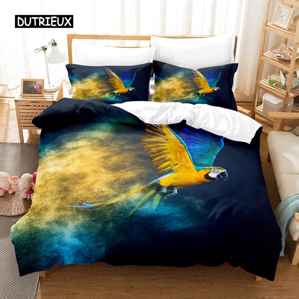 3D Parrot Duvet Cover Set Microfiber Bedding with Pillowcase King Queen Twin Luxury Animal Print Quilt Cover