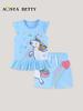Girls' Unicorn Print Shorts & Top Set - European/American Style, Cute Summer Outfit