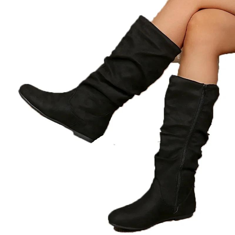 Winter New Leopard Women High Boots Flats Shoes Fashion Mid Calf Chelsea Snow Boots Brand 2025 Casual Trend Goth Botas Mujer