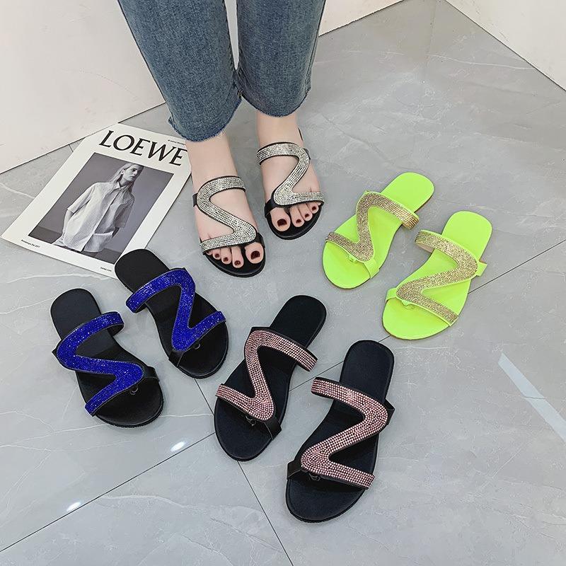 Large size women's slippers fashionable rhinestone sandals comfortable one word large size outside wear flat sandals