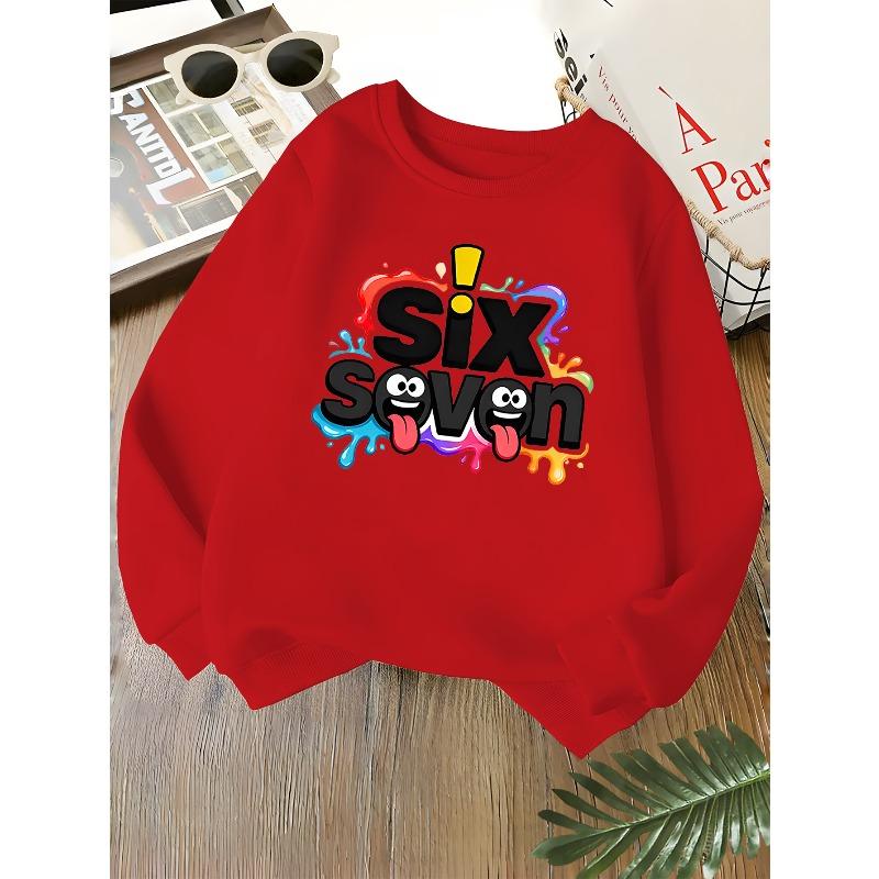 Kids Unisex Crewneck Sweatshirt, Funny Cartoon Face Six Seven Letter Color Splash Print Soft Long Sleeve Pullover For Boys Girls Over 4 Years Old