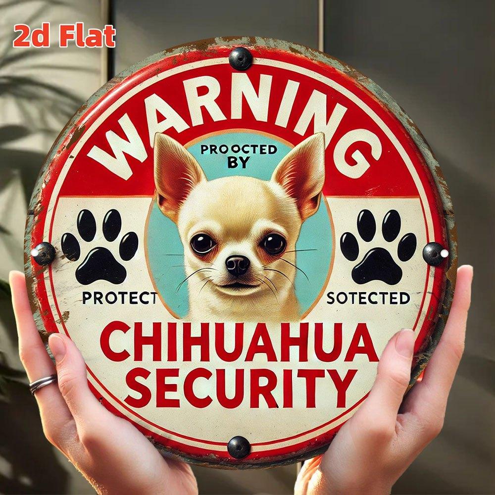Funny Warning Protected by Chihuahua Security Round Metal Tin Sign Retro Chihuahua Dog Paw Print Wall Decor for Home Pati