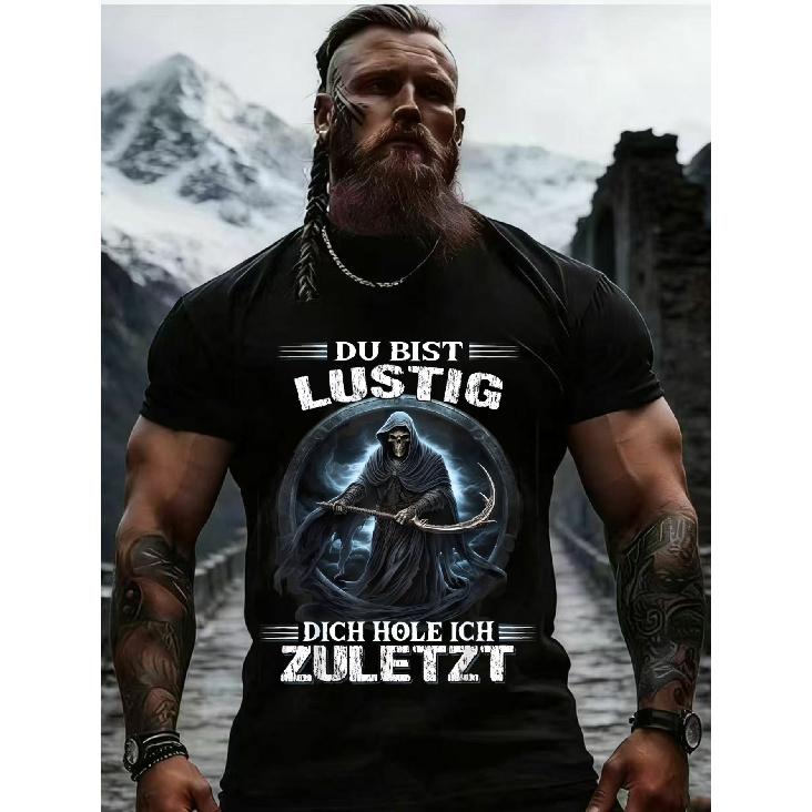 Men's short sleeve graphic tee with grim reaper print, crew neck, soft cotton feel, edgy streetwear style for casual daily wear