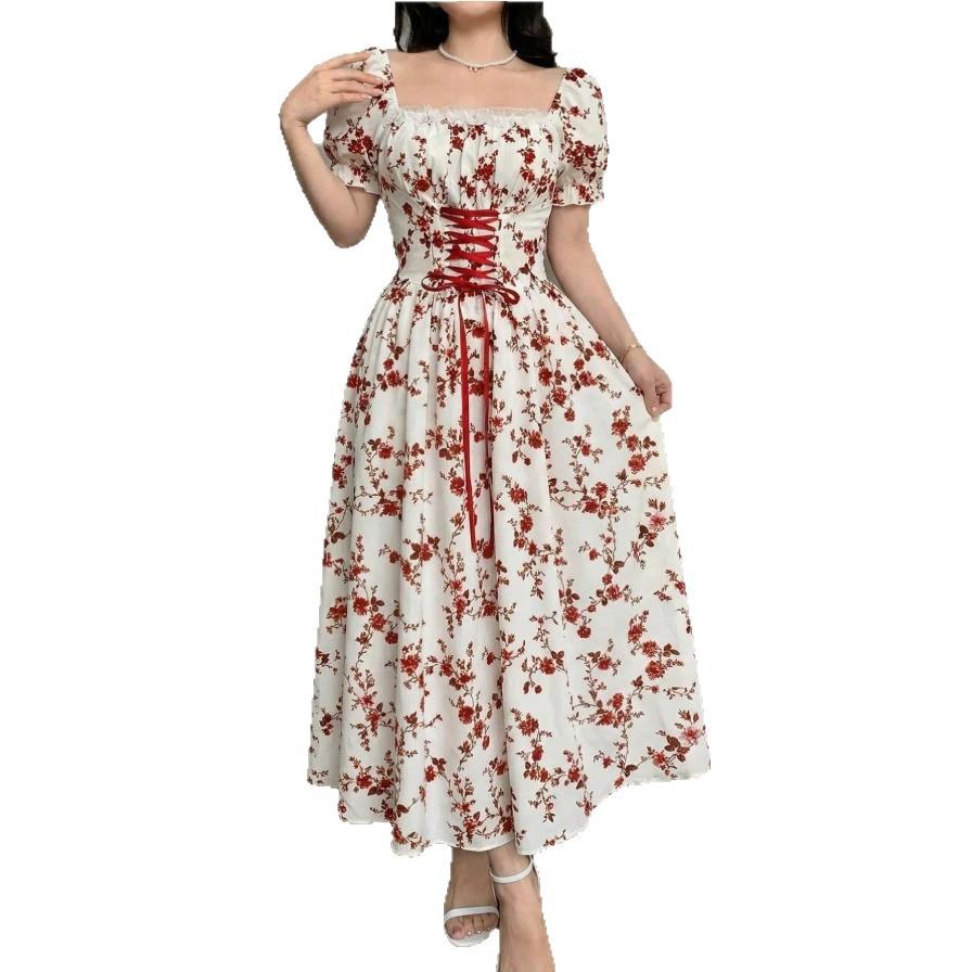 2026 European and American Women's Clothing, Standing French Square Neck Bubble Sleeve One-word Shoulder Floral Dress