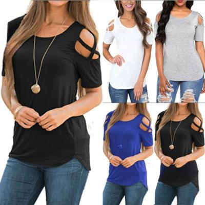 Frühling Sommer Kreuzgurt Schulterfrei Kurzarm Rundhals Slim Fit Damen T-Shirts Damen