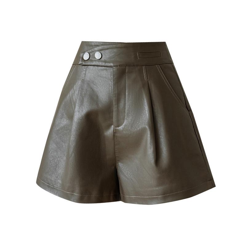 Shorts Women's Casual High Waist Leather Pants Loose Slit Slim A-line Wide-leg Pants