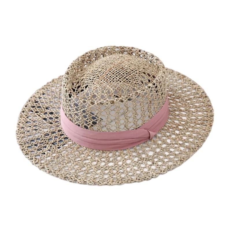 

Ручная работа Натуральная соломенная шляпа Шляпа ручной вязки Однотонная соломенная шляпа для пляжного отдыха розовый