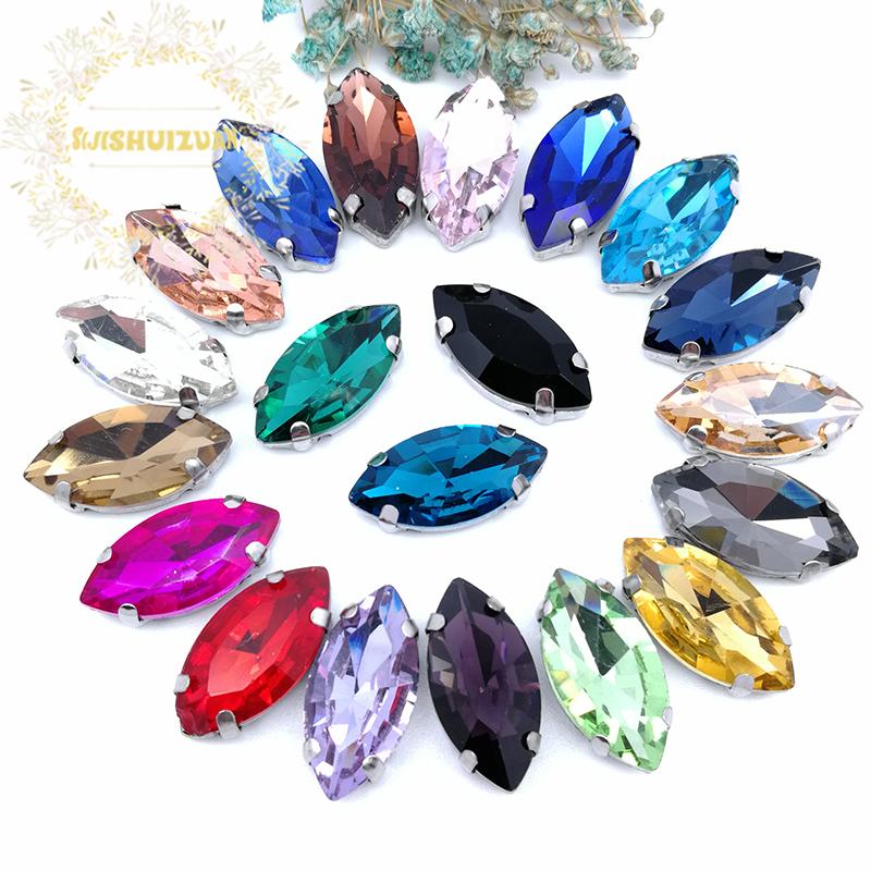 4-32MM Ojo de Caballo / Forma de Hoja Pedrería de Vidrio Con Garra Coser Piedra de Cristal Strass Diamante Base Metálica Hebilla Para Ropa