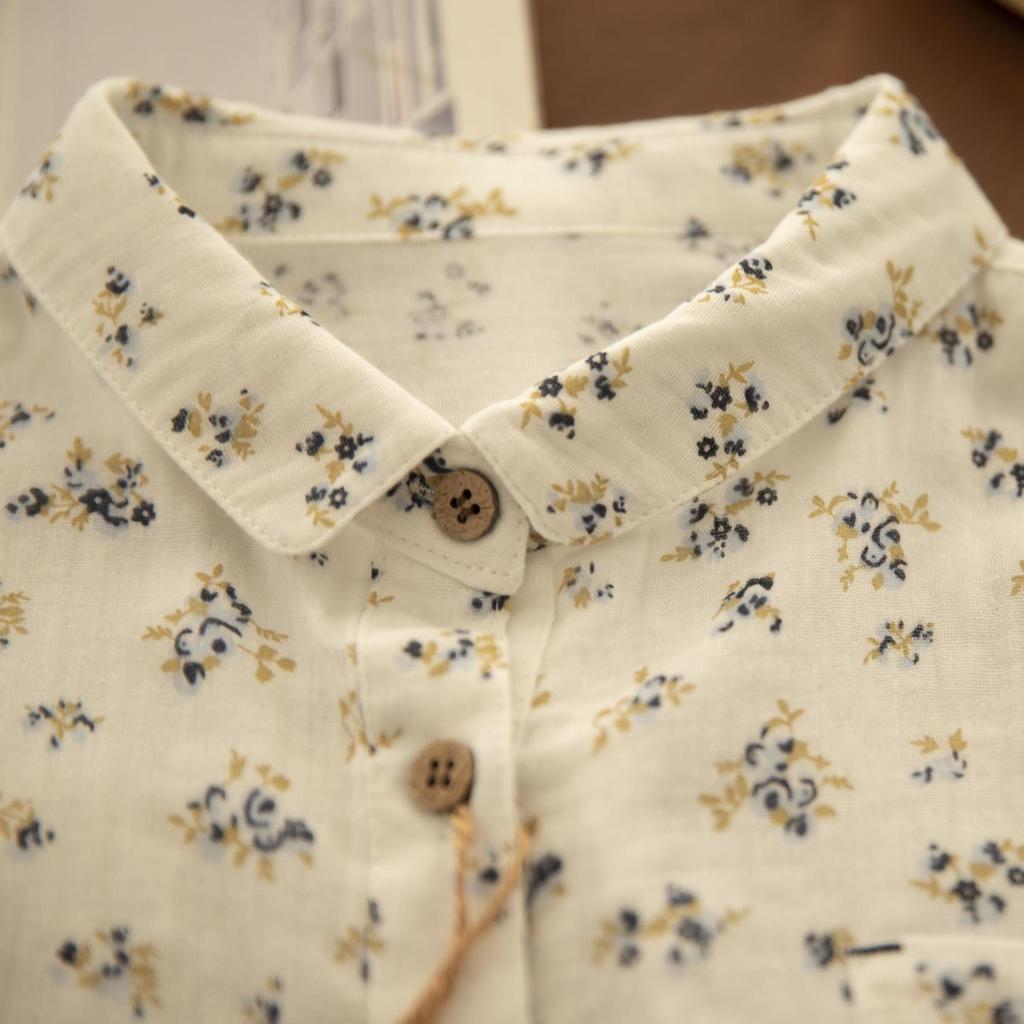 Spring Yuanbao Collar Floral Print Double Layer Gauze Cotton Shirt - Women's Loose Cotton Linen Style