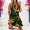 Women Plus Size Criss Cross Neck Strappy Sleeveless Sunflower Floral Printed Dark Green Curved Hem Dress