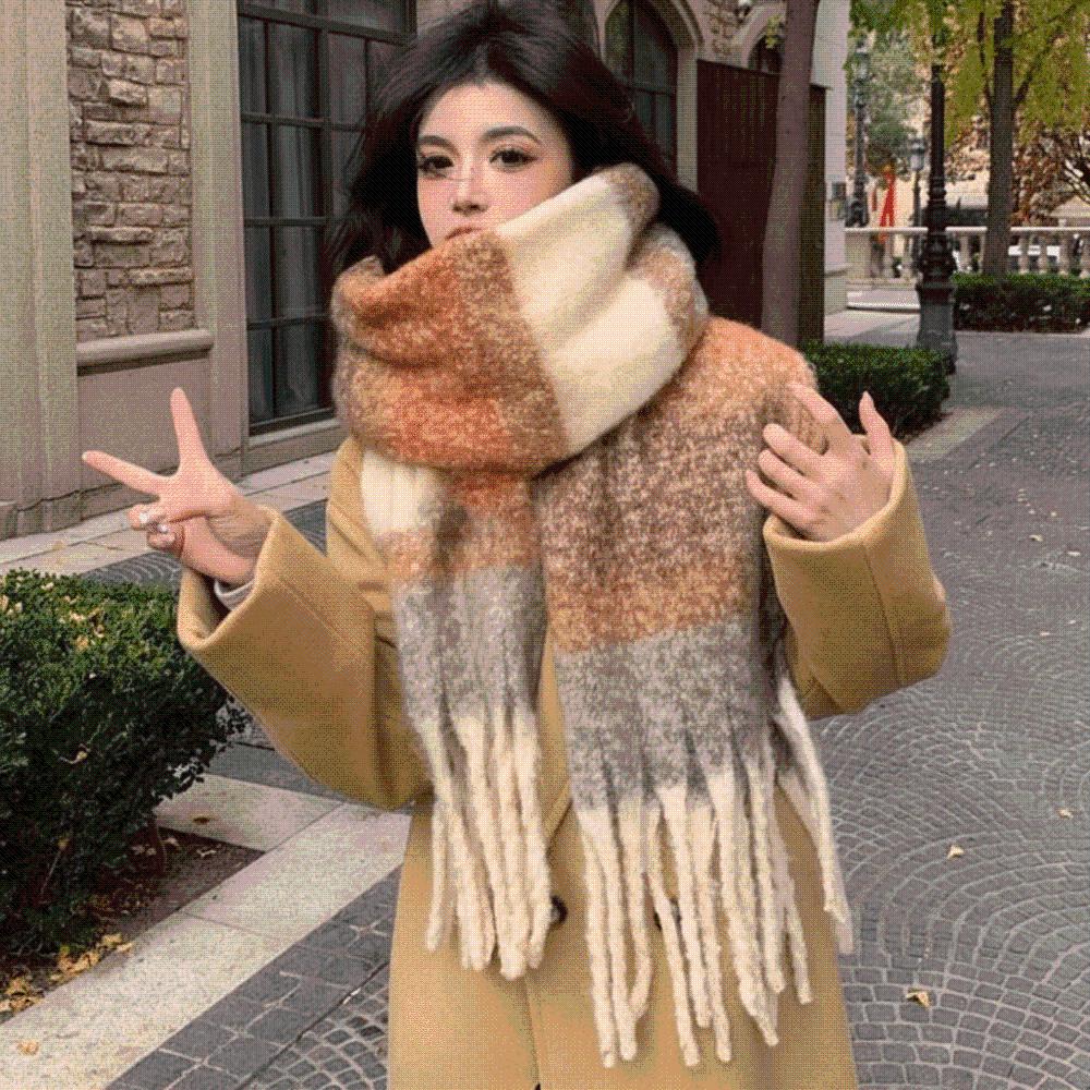 Thermal Plaid Mufflers Thick Tassel Shawls Chunky Neckwear Winter Scarves  Outdoor Travel