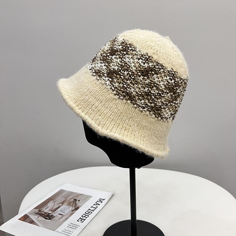 Mohair Wool Knitted Bucket Hat Women's Simple Contrasting Color Hat Waist Fashionable Retro Versatile Fisherman Hat