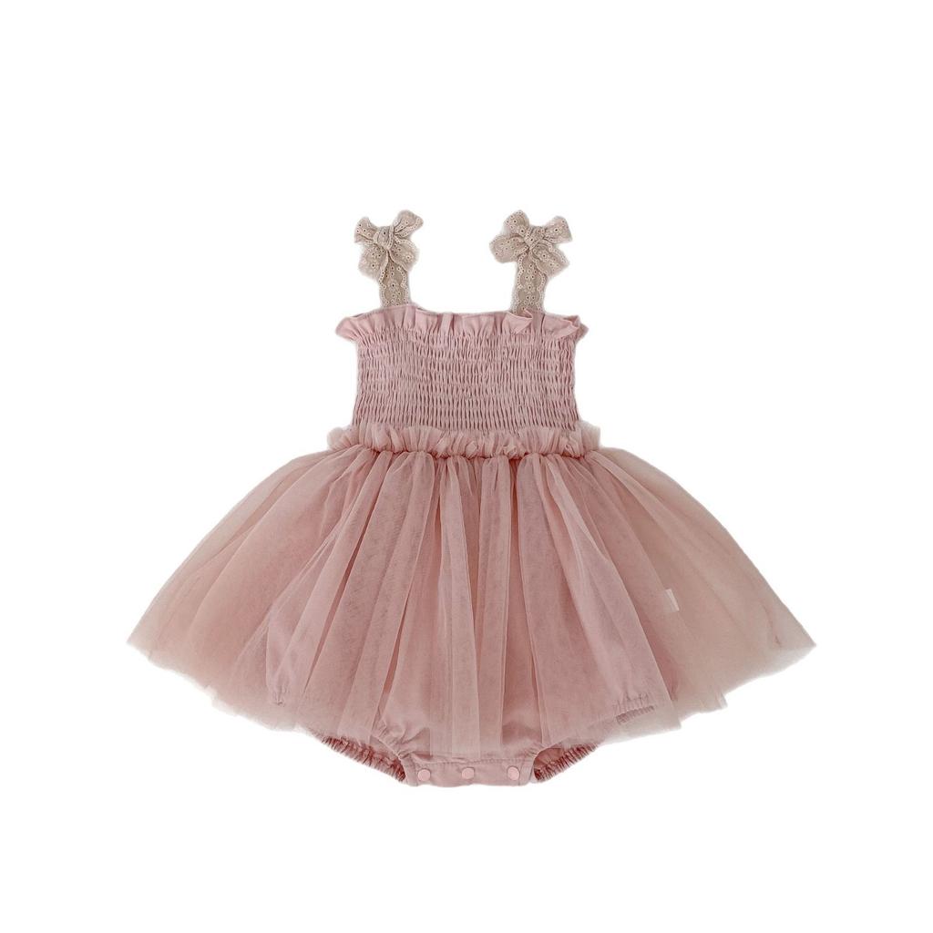Baby Girl Summer Bow Strap Romper with Tulle Dress for 100 Day and 1st Birthday