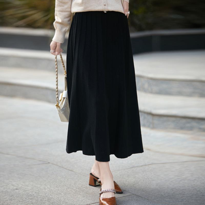 Women's Gray High-Waist Pleated A-line Skirt for Autumn/Winter - Mid-Length, Slimming, Petite Fit