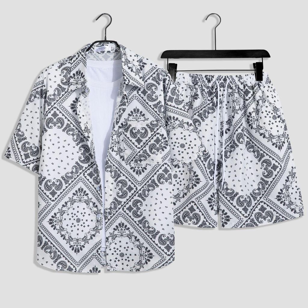 Hawaiian Floral Beach Set: Men's Loose-Fit Plus Size Short Sleeve Shirt & Casual Shorts
