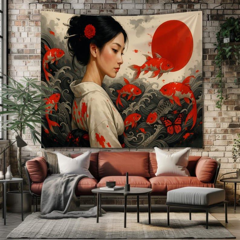 Japanese koi fish, geisha, Asian aesthetics, red sun, eastern waves, Japan. tapestry 75x100 чёрный