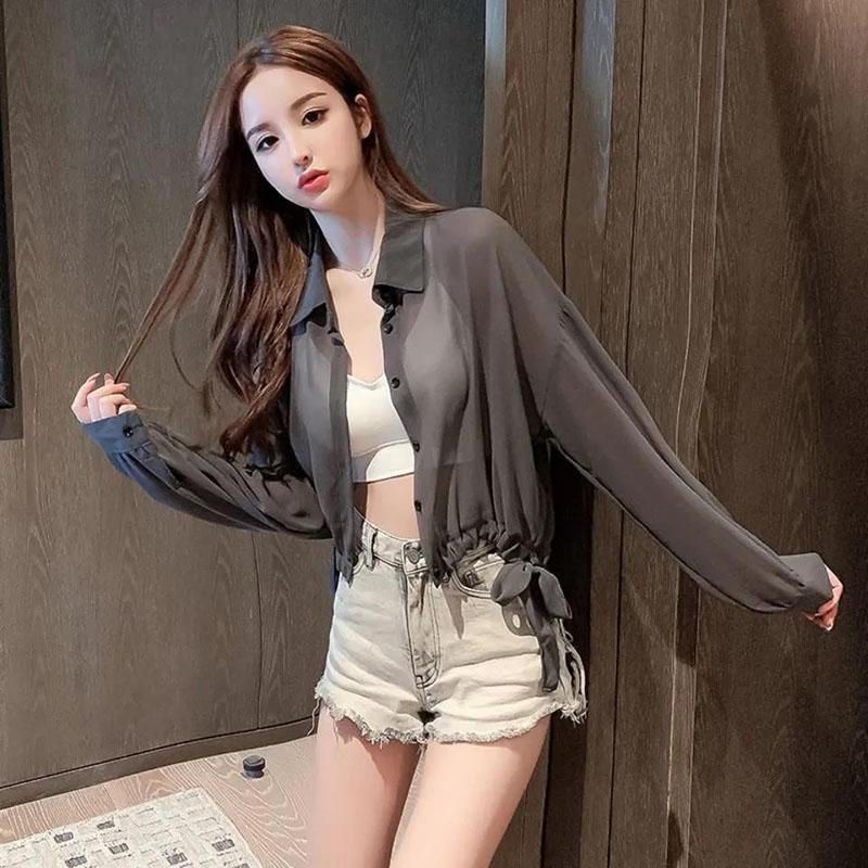 Short Sunscreen Shirt  Blouse Rope Waist Strap Loose Wear Summer Thin Top Women's Clothing  Female Coat Sun Protection Cardigan Polo Collar Shirt