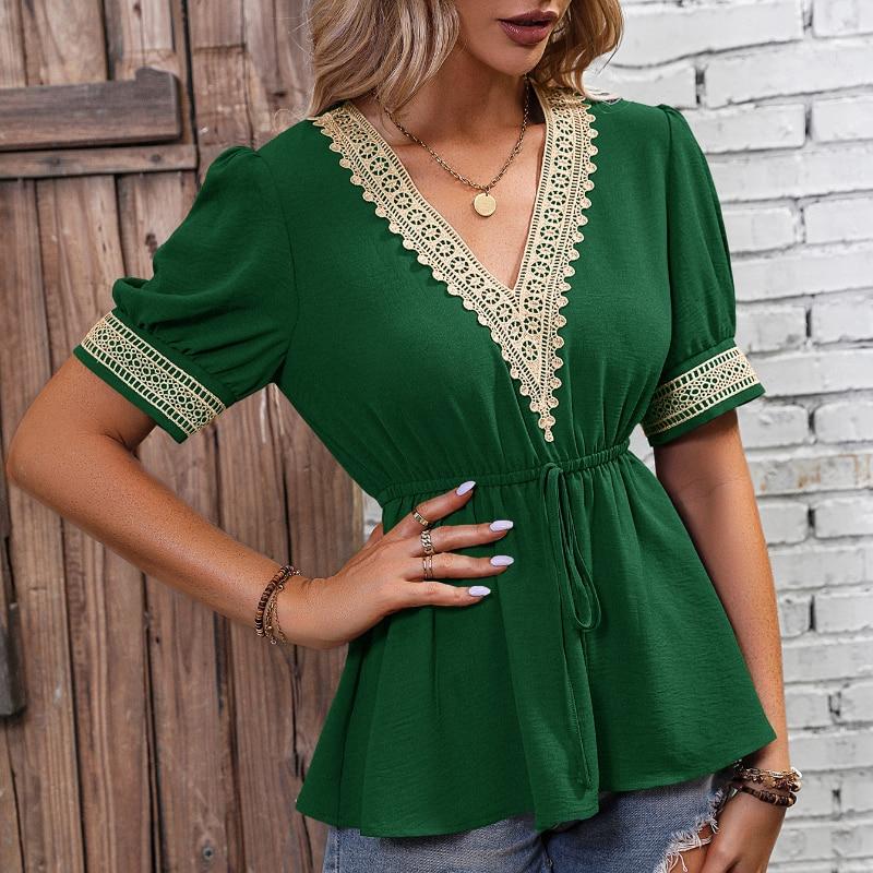 

Летние кружевные шифоновые рубашки с v-образным вырезом, женские тонкие блузки с эластичной резинкой на талии и короткими рукавами, женские элегантные однотонные повседневные топы на шнуровке 26494 XXL темно-зеленого