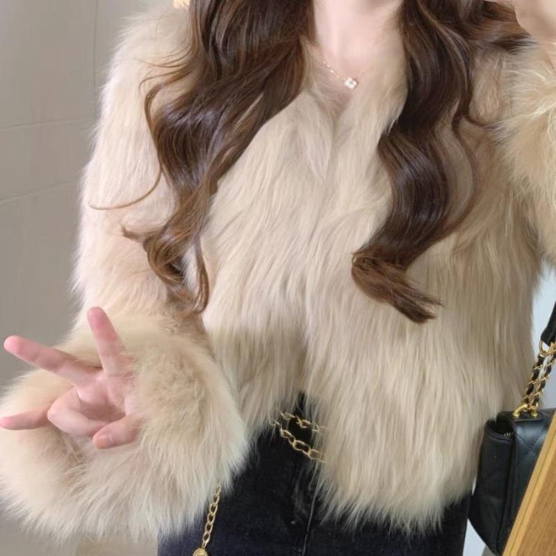 Autumn and winter new simple imitation fox fur coat women's high waist short wool coat light