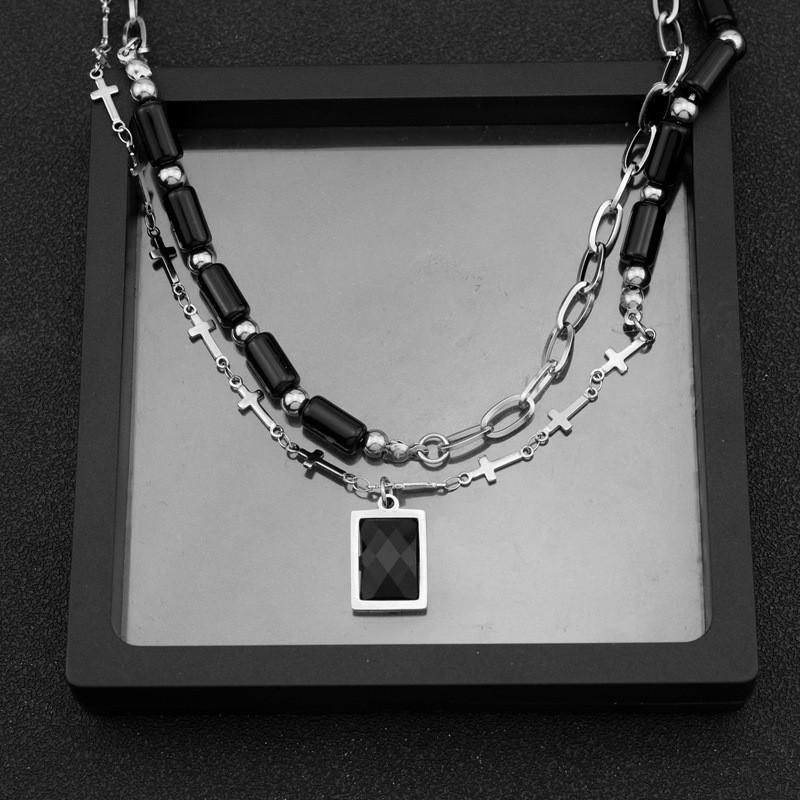 Double Layer Cross Pendant Necklace Women Titanium Steel O-Chain Geometric Minimalist Choker Statement Jewelry