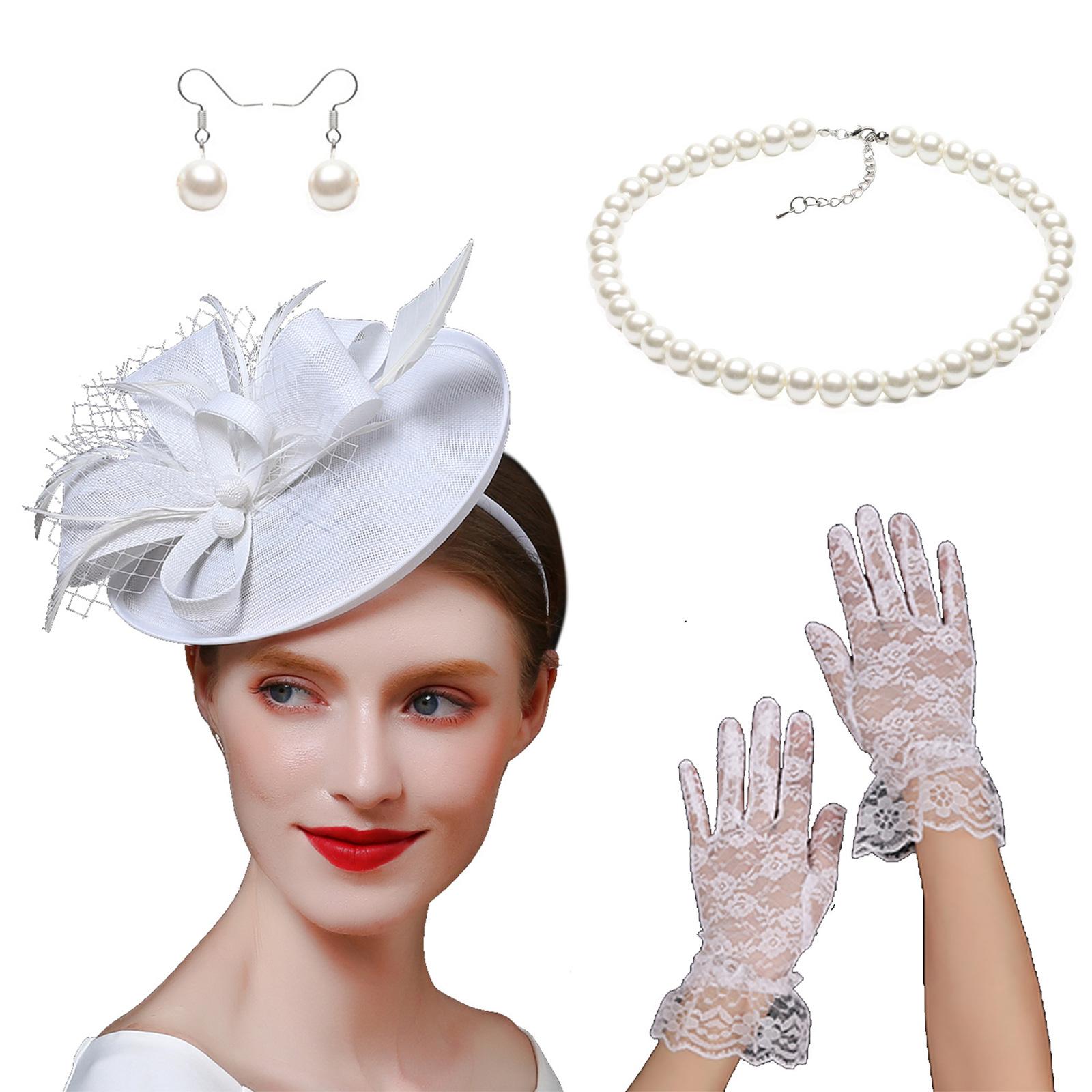 

Elegant Fascinator Derby Hat with Earrings Necklace Mesh Gloves For Horse Racing Occasion Masquerades Party Headpiece белый