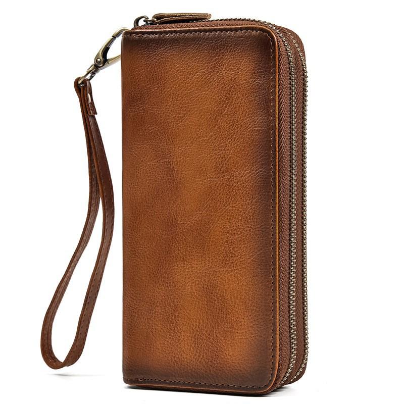 Men's Crazy Horse Leather Long Wallet Genuine Double Zipper Multi-Card Cowhide Clutch Large Capacity Phone Bag