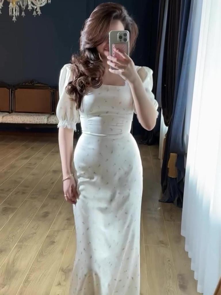 2025 Spring Fairy Style Women's Slim Tie-Up Satin Lace Dress