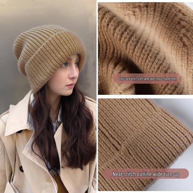 Women's Large Head Circumference Knitted Wool Hat - Versatile, Warm, Slouchy, Solid Color Korean Style for Autumn and Winter