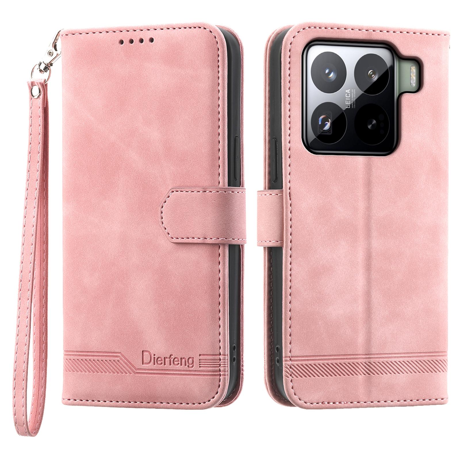

DIERFENG DF-03 Кожаный чехол для Xiaomi 15 Pro с тиснением линий, кошелек, чехол для телефона Pink