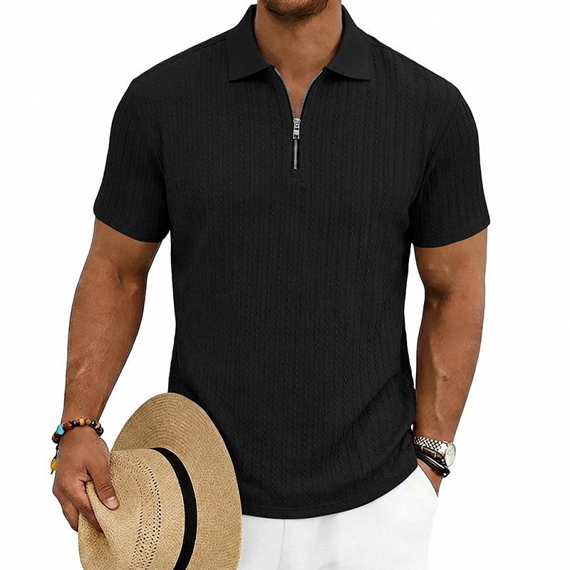 Men Vertical Cable Knit Half Zip Polo Shirt Short Sleeve Solid Slim Fit Casual Top