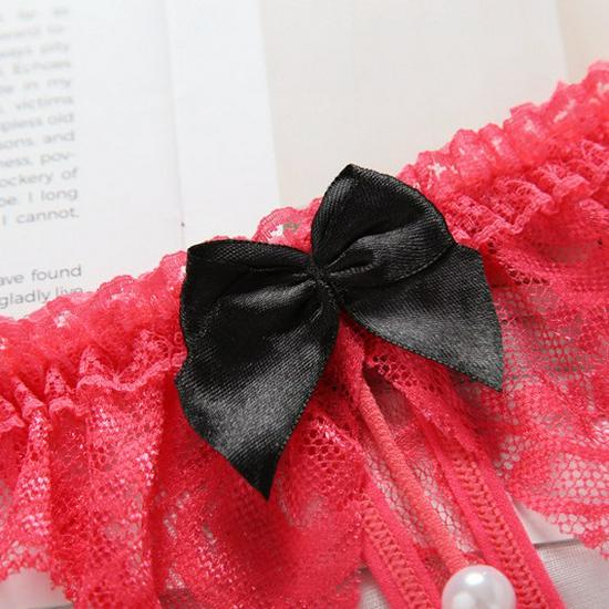 Women's Lace Trim Bow Thong: Hollow Out, Transparent, Low Waist Pearl Panties