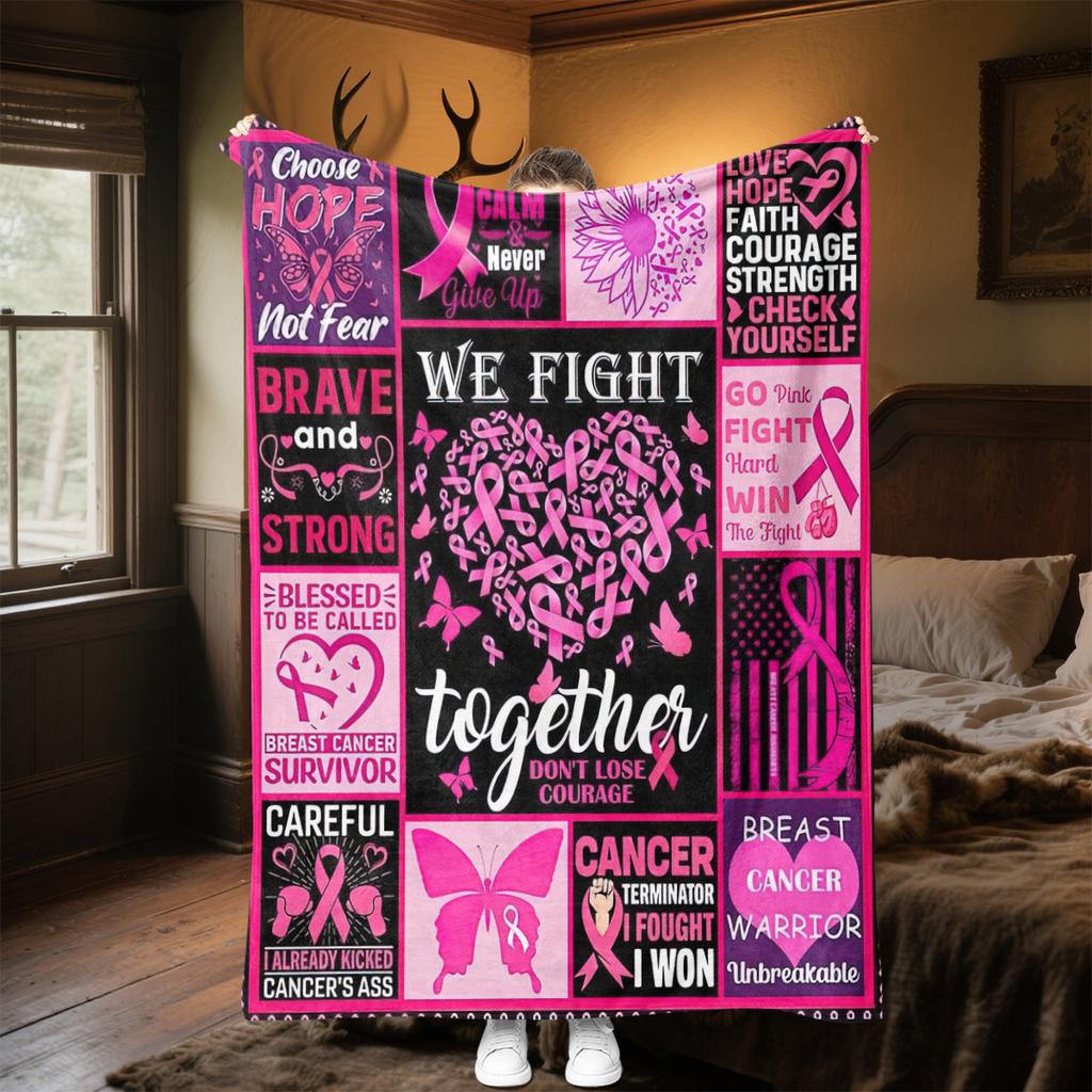 1PC Breast Cancer Awareness Pink Ribbon Throw Blanket Soft Comfortable All Seasons Perfect Sofa Office Travel Home Gift Idea