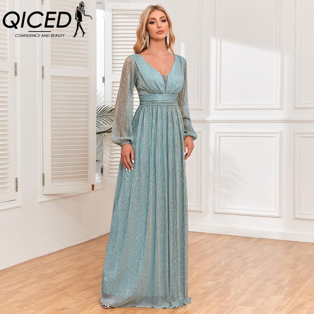 

QICED Весна-осінь Жіноча блискуча плісирована еластична перспективна спідниця з V-подібним вирізом і довгими рукавами, елегантна вечірня сукня на підкладці 1XL світло-зелений колір