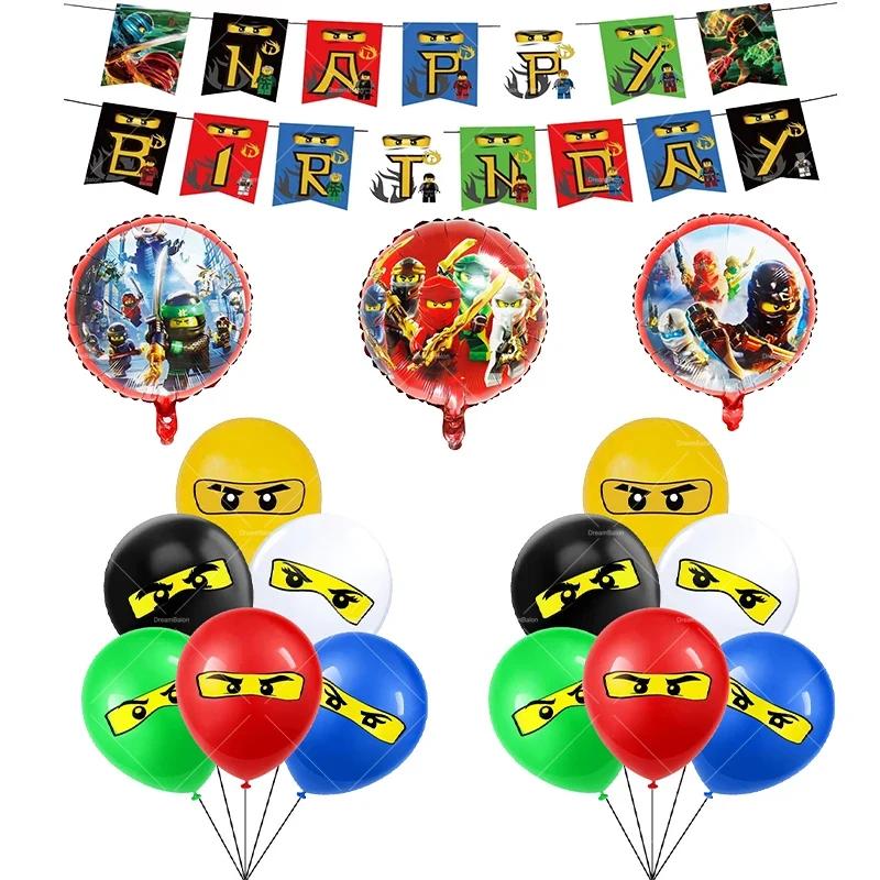 Ninjaed Go Balloons Happy Birthday Banner Legoed Party Decoration Supplies Backdrop Cake Topper Kids Spiral Disposable Tableware