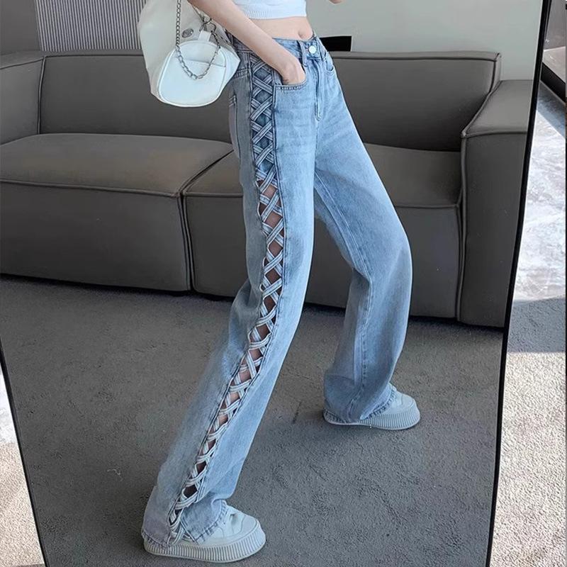 Jeans de Mamá Casual para Mujer Pantalones de Pierna Ancha con Huecos Cintura Alta Botón Cremallera Oficina Dama Sueltos Primavera Club Y2k Streetwear
