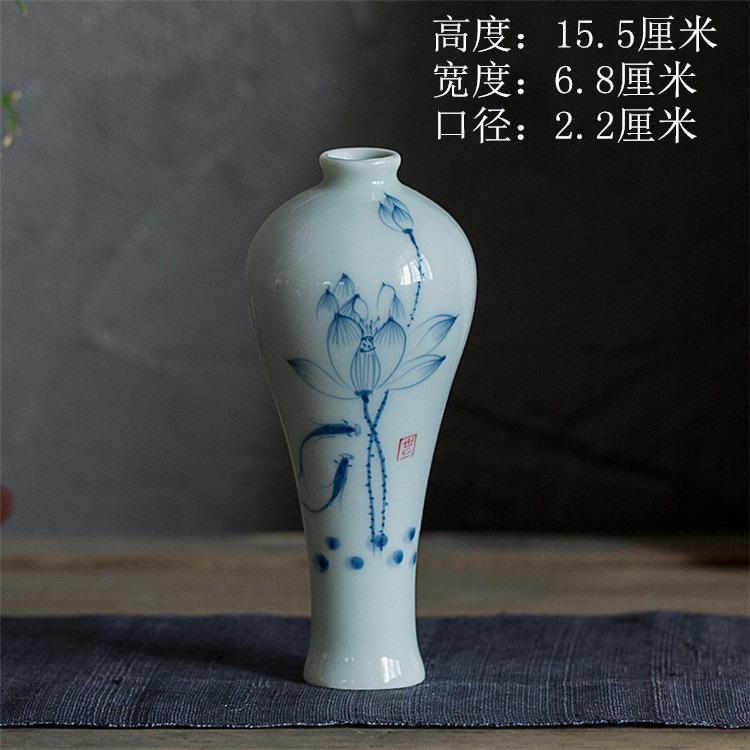 Hand Painted Ceramic Vase Zen Guanyin Bottle Chinese Style Buddha Altar Decoration Blue Glaze