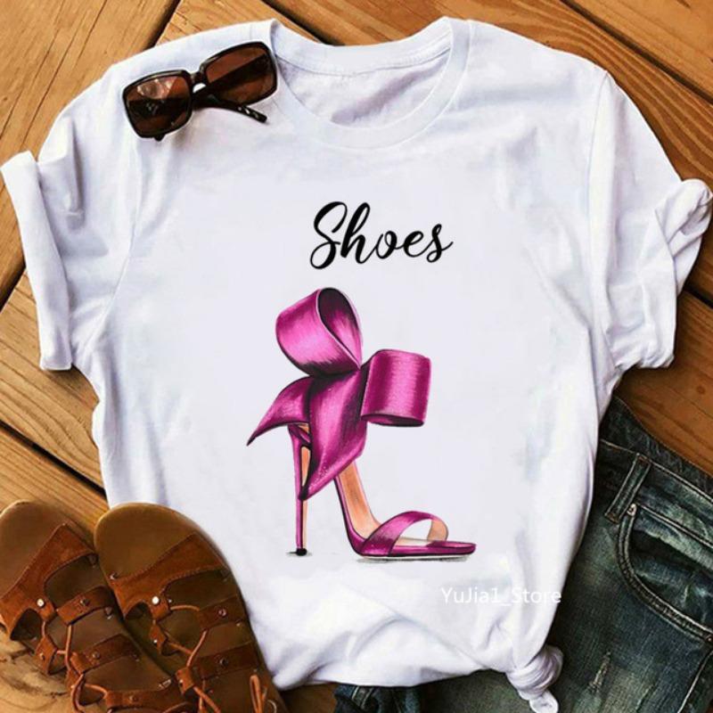 Estive Plus Manica Corta Tacchi Alti Stampate Puro Cotone Ampie Girocollo Manica Corta Scarpe T-Shirt Donna