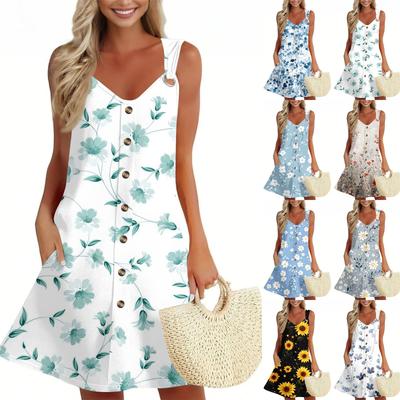 Women's Summer Dress With Pocket Sleeveless Floral Print Sundress