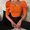Women's Spring New Women's Simple Square Neck Puff Sleeve Top Women's Short Sleeve