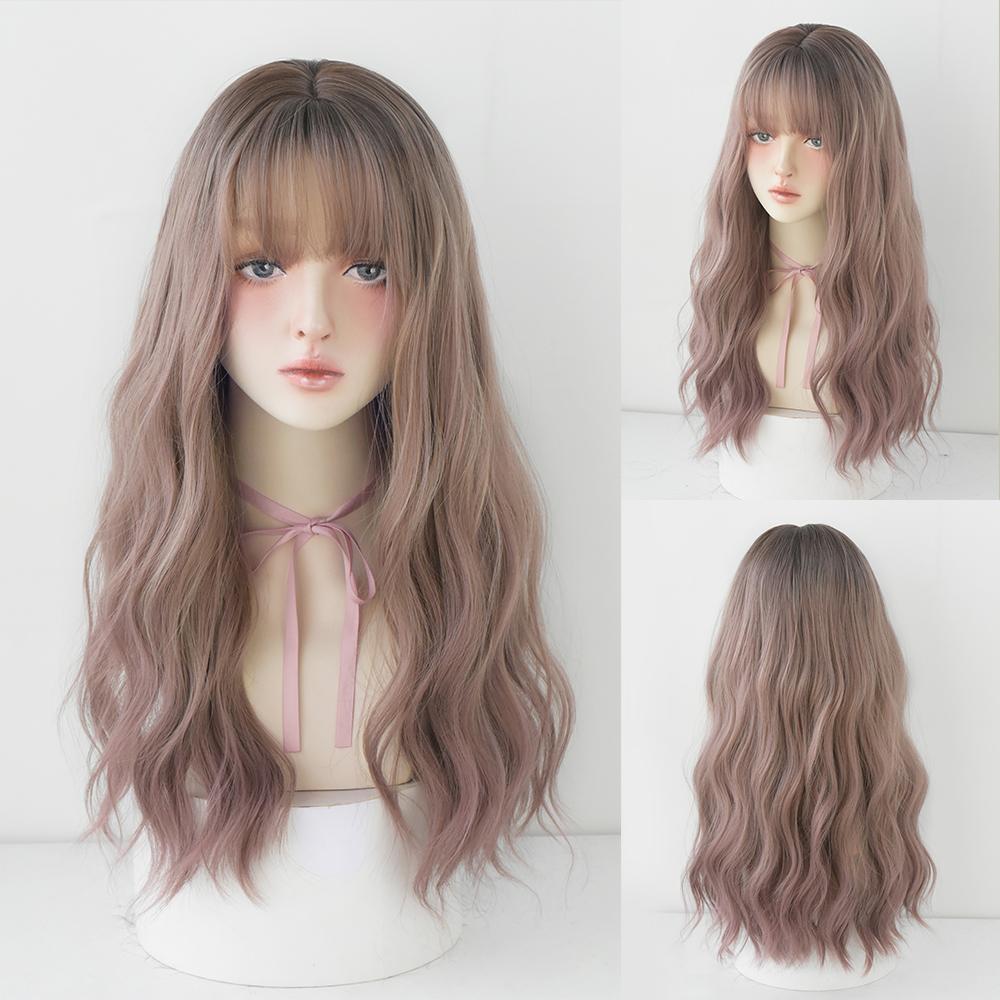 Lange Lockige Haare Damen Perücke mit Pony Täglich Braun Schwarz Rosa Lolita Cosplay Geflochtene Perücken Hitzebeständige Faser Party Kunsthaar
