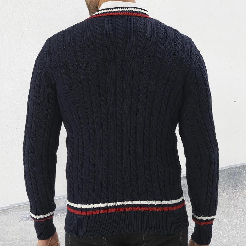 Men's Slim-Fit V-Neck Color-Block Pullover Knitted Sweater - Autumn/Winter Street Style