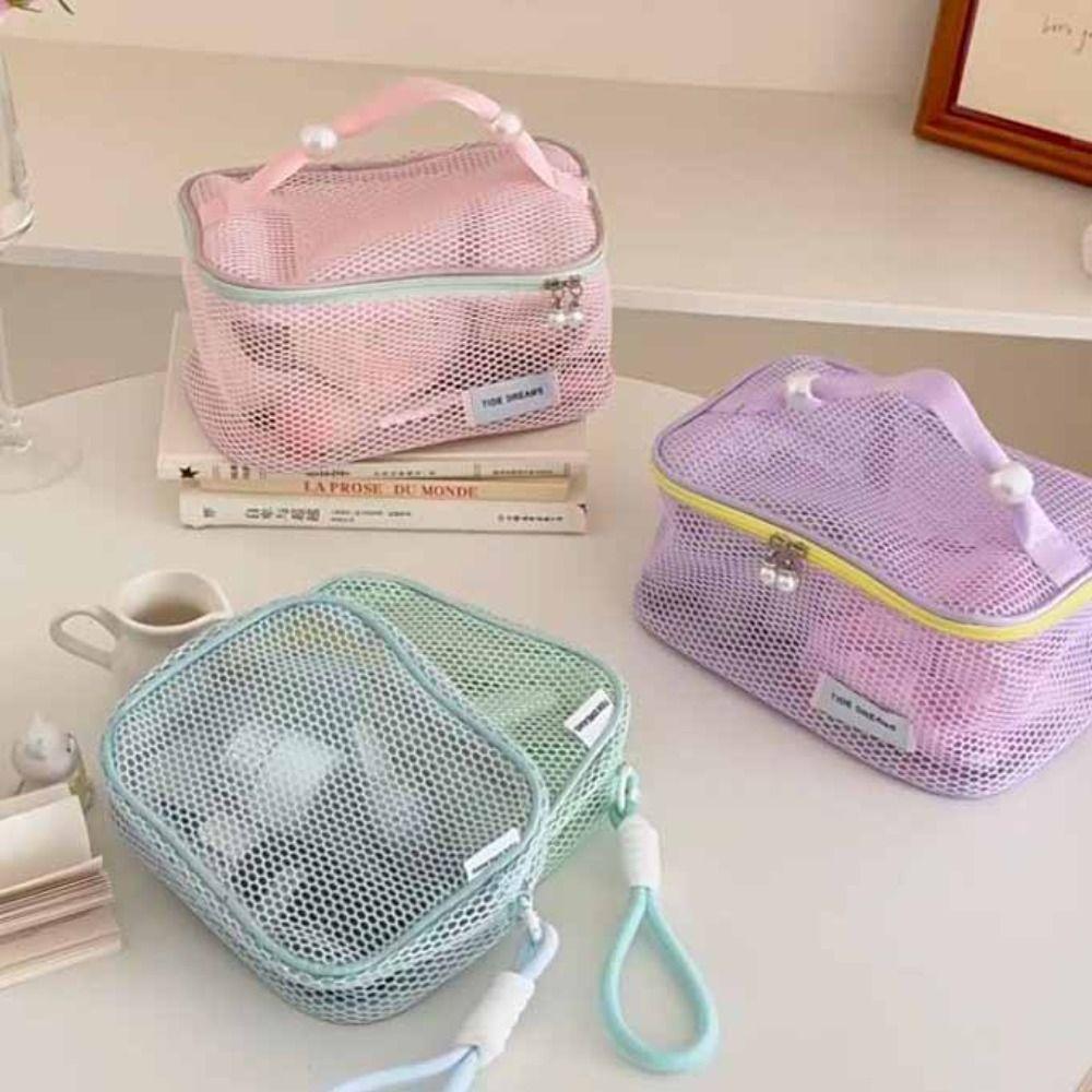 Large Capacity Mesh Cosmetic Bag Solid Color Pillow Makeup Pouch Transparent Makeup Bag  Outdoor